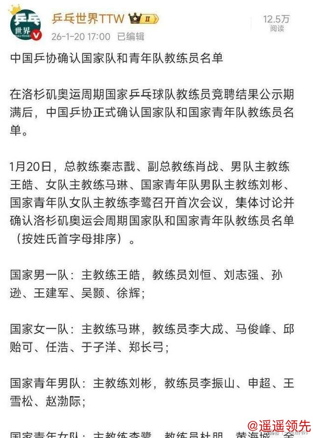 国乒确定教练组新名单：女队迎来两位年轻教练，孙颖莎恩师回归执教国青队